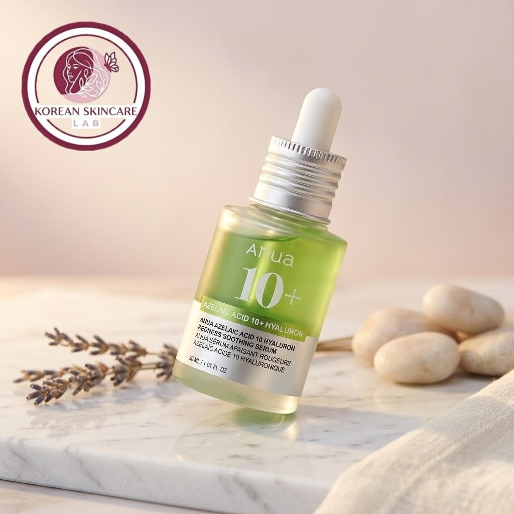 Skincare serum bottle with dropper on a marble surface with lavender and stones, branded 'Korean Skincare Lab'.