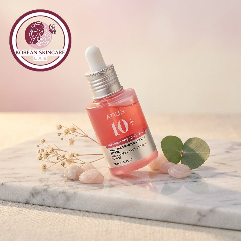 Pink skincare serum bottle with dropper on a marble surface, featuring 'Korean Skincare Lab' logo.
