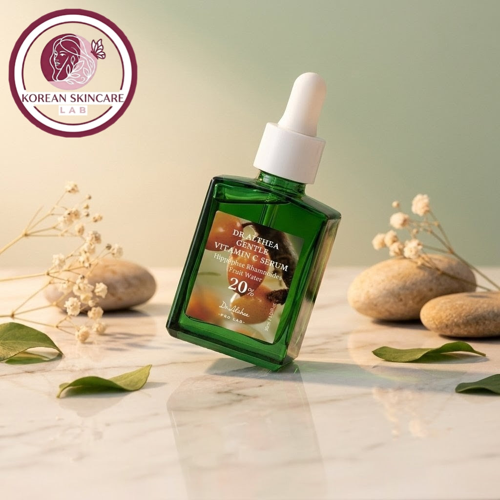 Green skincare serum bottle with dropper on a marble surface with stones and leaves, branded 'Korean Skincare Lab'.