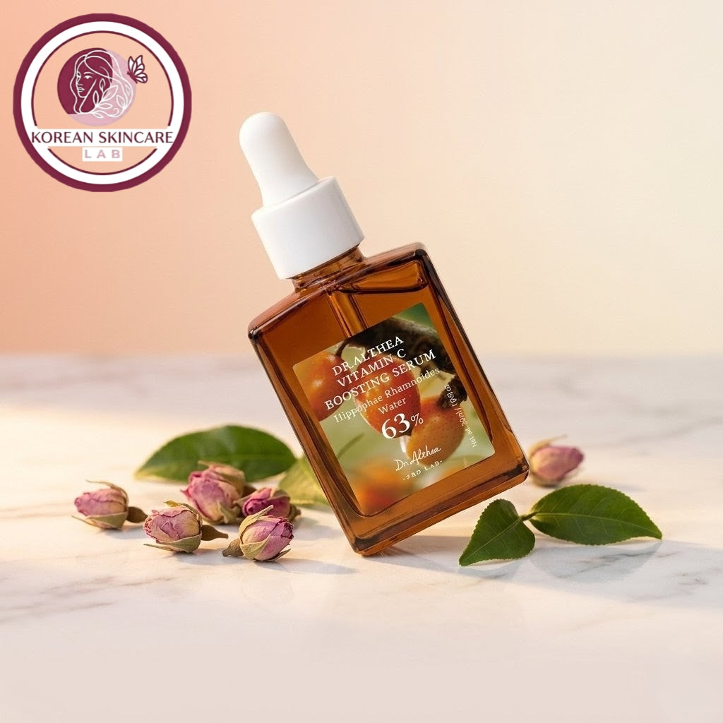 Brown skincare serum bottle with dropper on a light surface with flowers and leaves, branded 'Korean Skincare Lab'.